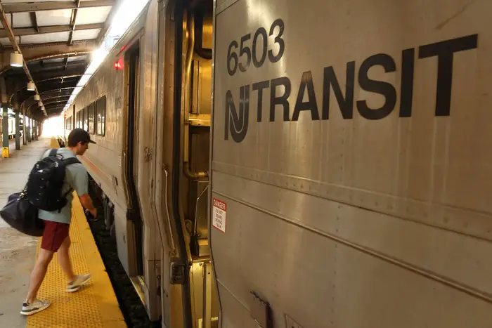 An NJ Transit train rests at the Hoboken station on Sept. 1, 2023.